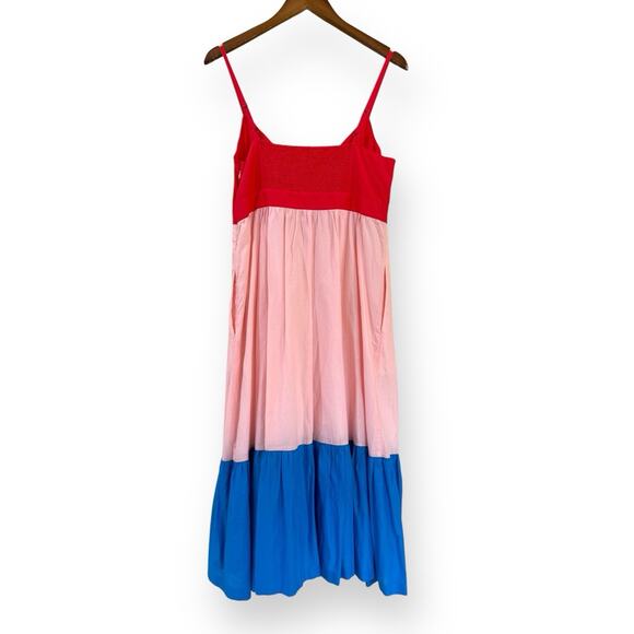 J. Crew Colorblock Tie Front Cut Out Tiered Maxi Dress Womens 10 Red Pink Blue - Picture 12 of 15